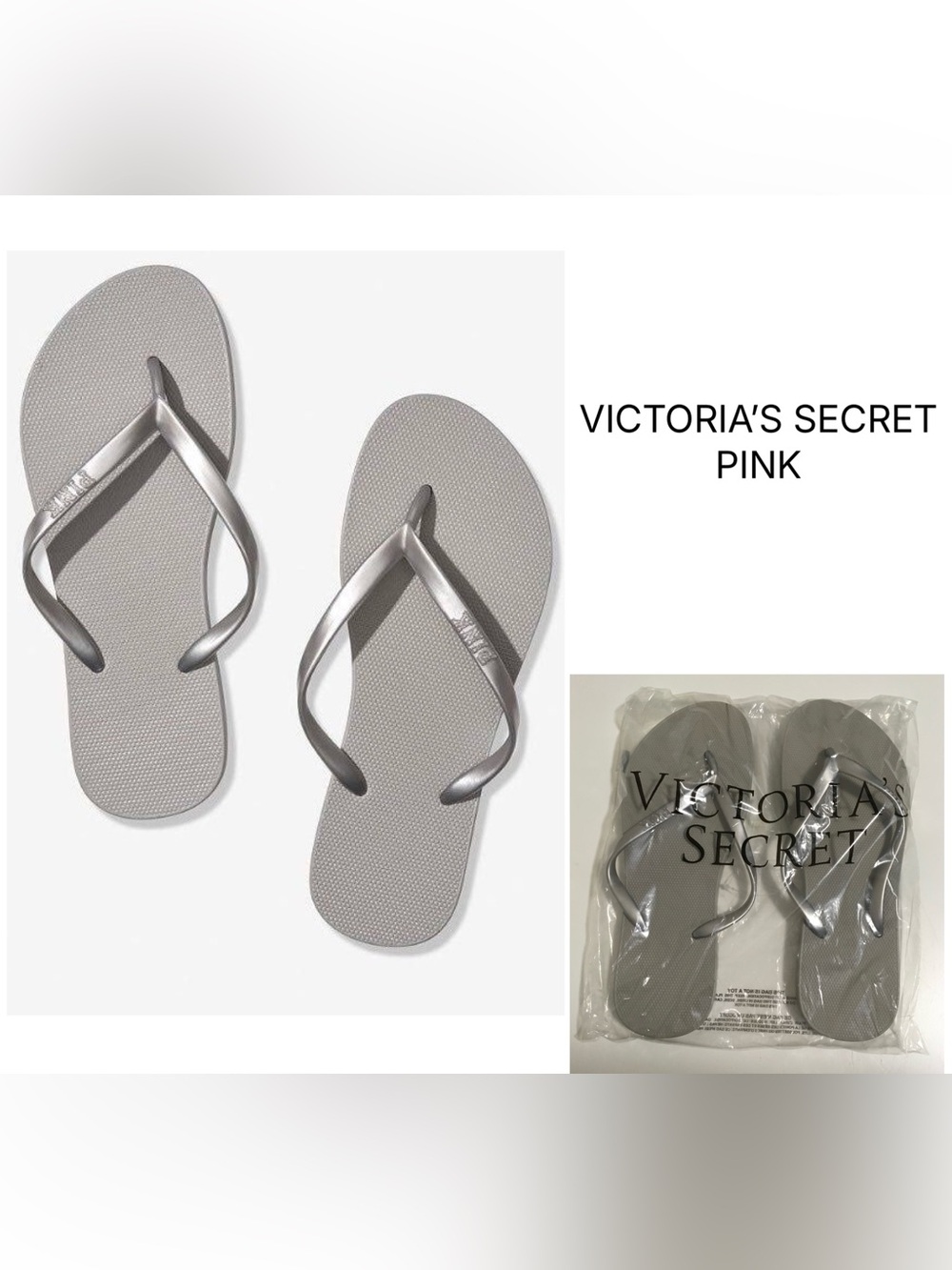 VICTORIA’S SECRET PINK - M 7/8 - NWT - SILVER GREY FLIP FLOPS / SANDALS